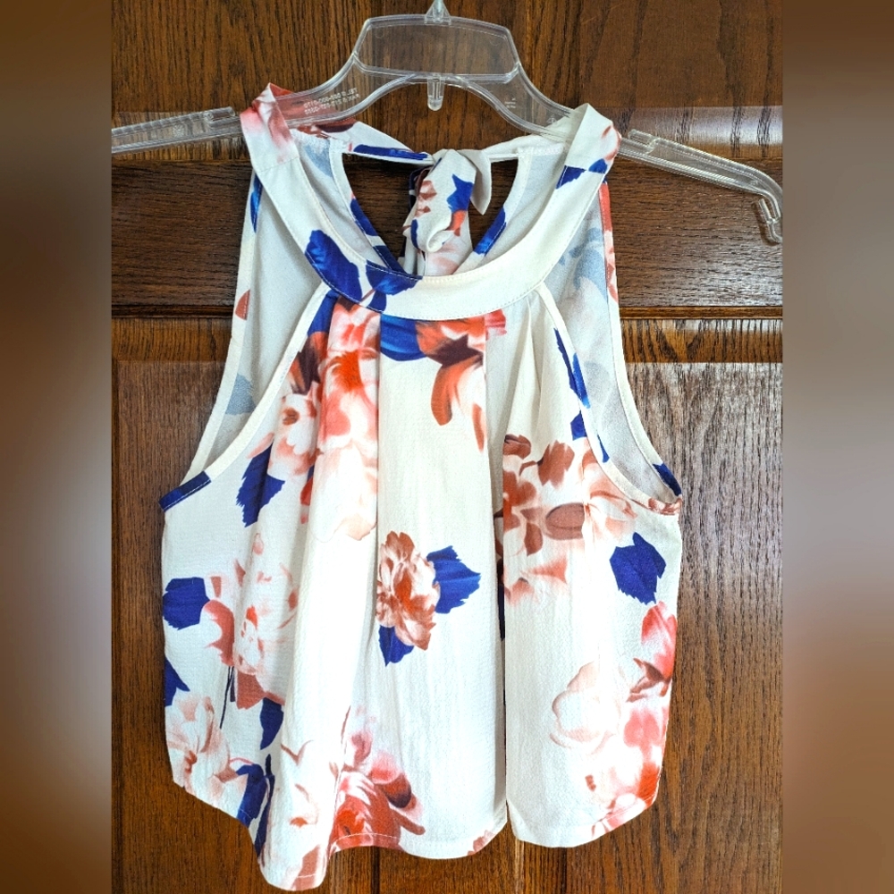 Floral Halter Crop Top w/ Self Fabric Tie - Size M